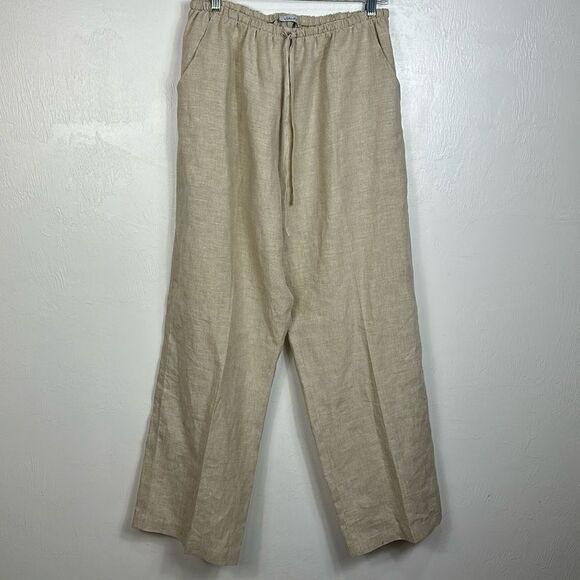 John P Linen Wide Leg High Rise Pants In Light Beige Size XL - Picture 2 of 9
